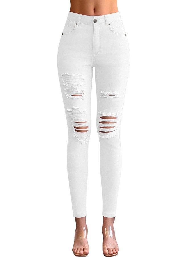 roswear Skinny Jeans for Women Ripped Stretchy Mid Rise Jeggings Casual Slimming Pants White - Image 1